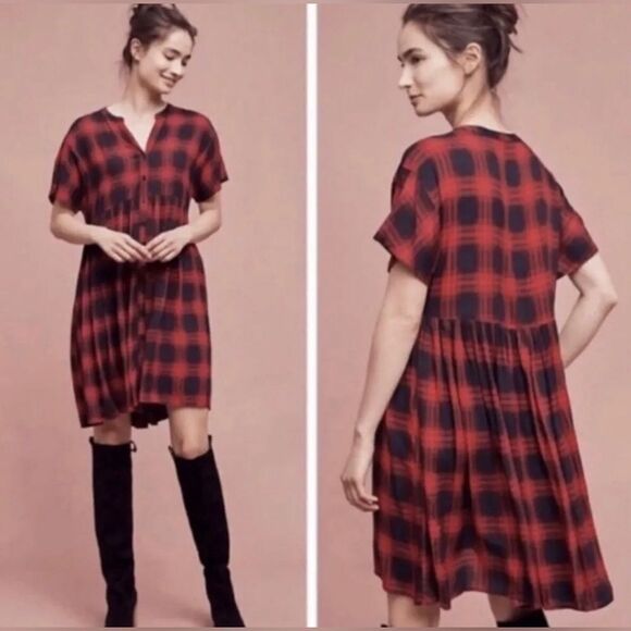 Anthropologie Dresses & Skirts - NWOT Anthropologie 11.1 TYLHO Red and Black Plaid Babydoll Dress LARGEP